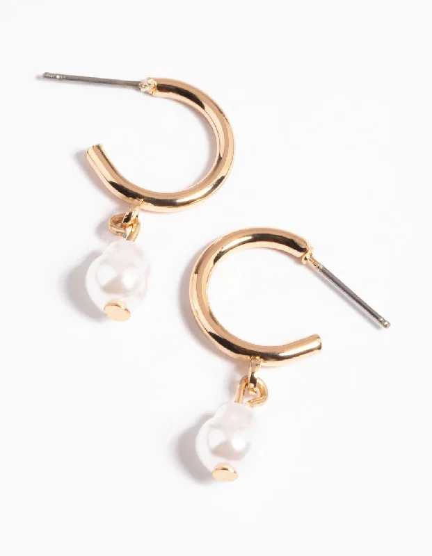 Trekker braid earrings-Gold Pearl Drop Huggie Earrings