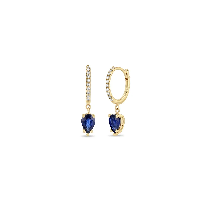 Woven cord earrings-14k Medium Pavé Diamond Hinge Huggie Hoops with Pear Blue Sapphires