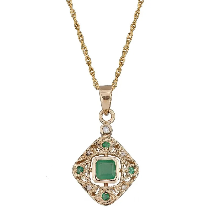 Retro deco necklaces-Viducci 10k Yellow Gold Vintage Style Emerald and Diamond Necklace