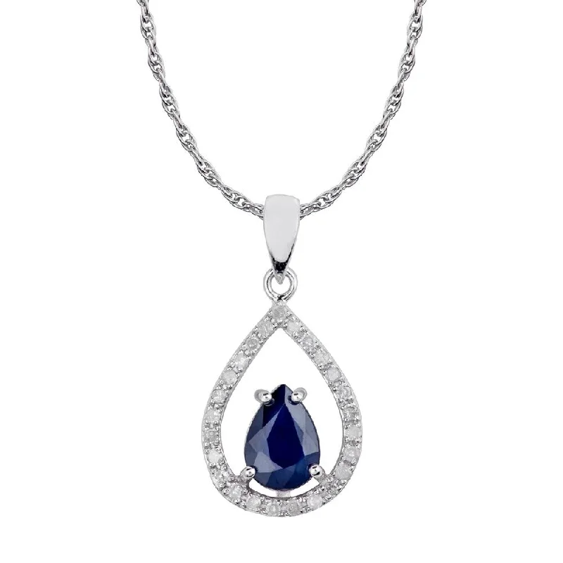 Lily flower necklaces-Viducci 10k White Gold Genuine Pear-Shape Sapphire and Diamond Halo Tear-Drop Pendant Necklace