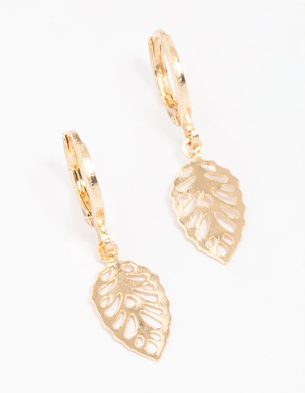 Fluid art earrings-Gold Cut-Out Leaf Huggie Hoop Earrings