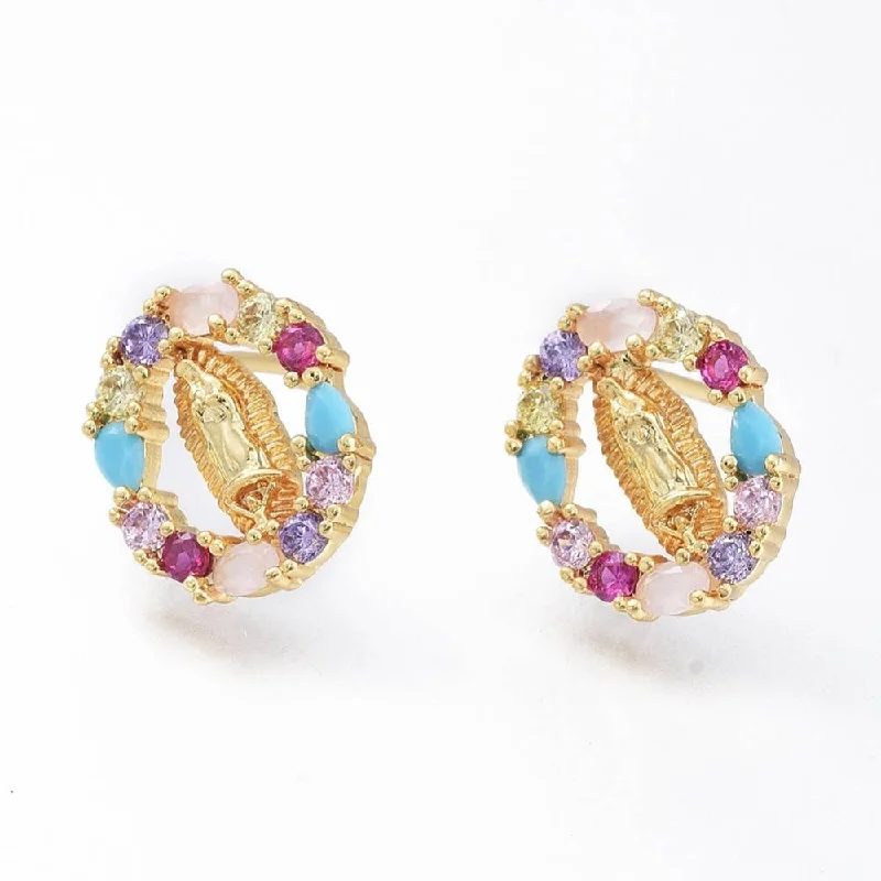 Thick hoop earrings-Virgin Mary Multi-Color Crystal Gold Earrings