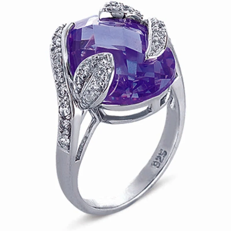 Round gem engagement rings-STERLING SILVER RING WITH LAVENDER CRYSTAL AND CZ STONES