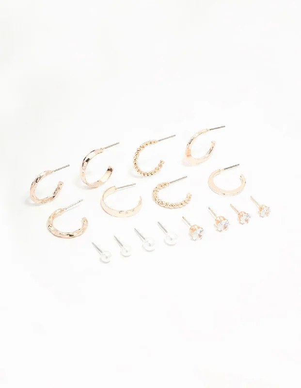 Textured disc earrings-Rose Gold Pearl & Diamante Hoop Earrings 8-Pack