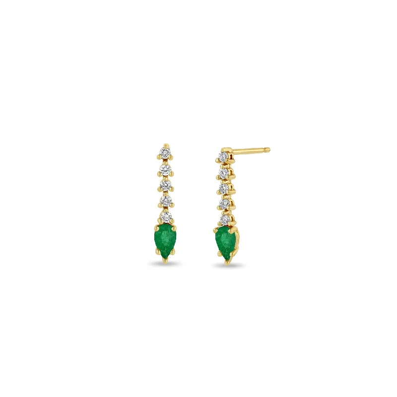 Tide design earrings-14k Diamond Tennis with Pear Emerald Short Drop Earrings