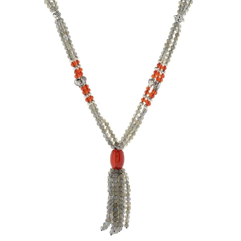 Woven tribal necklaces-Sterling Silver 28" Labradorite & Red Agate Beaded Tassel Necklace