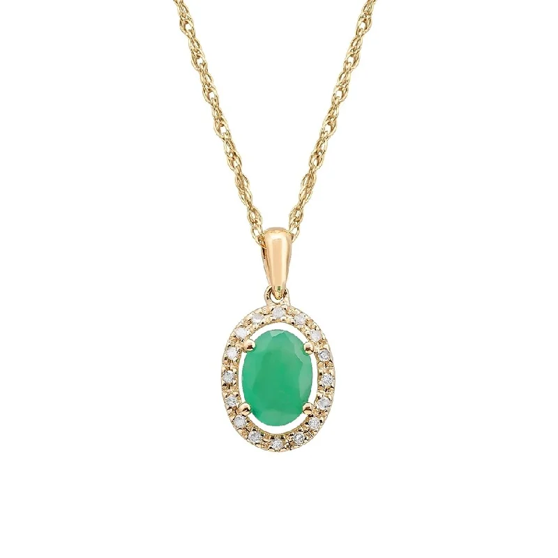 Thai style necklaces-Viducci 10k Yellow Gold Oval Genuine Emerald and Diamond Halo Necklace