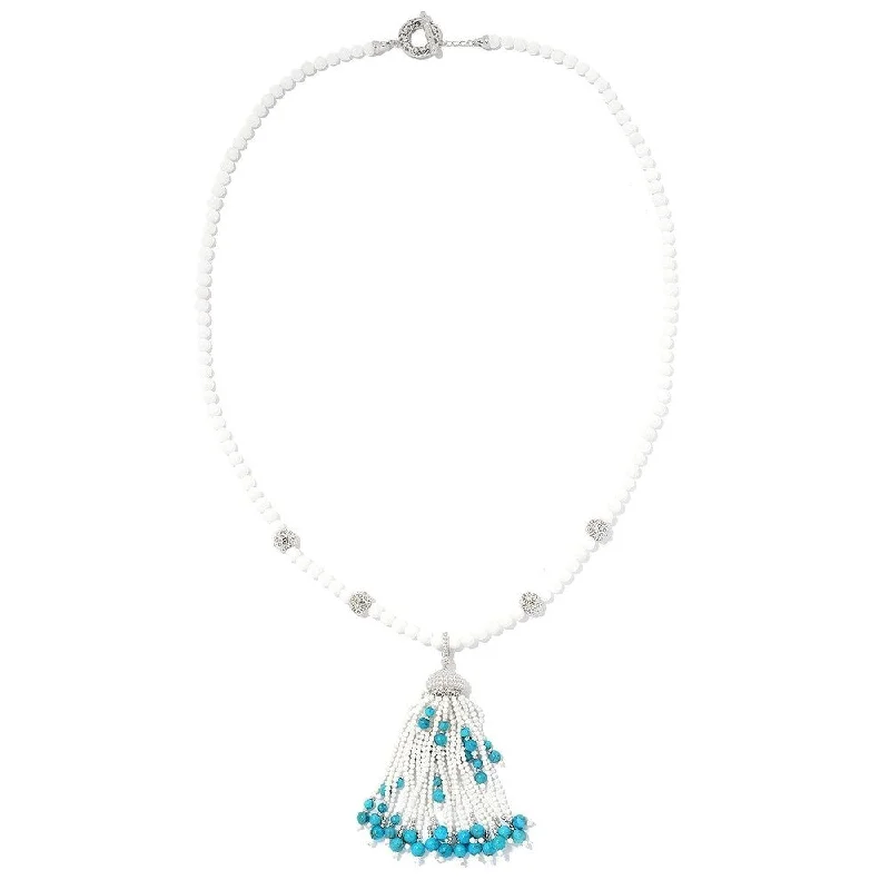 Elegant design necklaces-Sterling Silver White Agate & Turquoise Gemstone Tassel Enhancer Pendant w/ 30" Bead Necklace