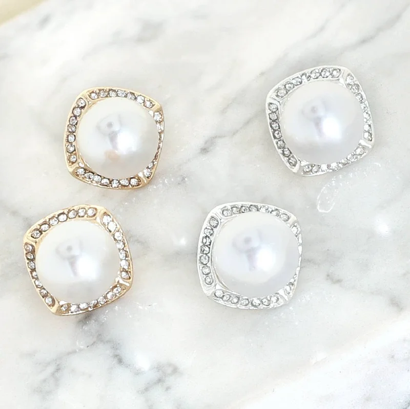 Satin gold earrings-Vintage Style Pearl w/ Rhinestone Halo Gold Stud Earrings