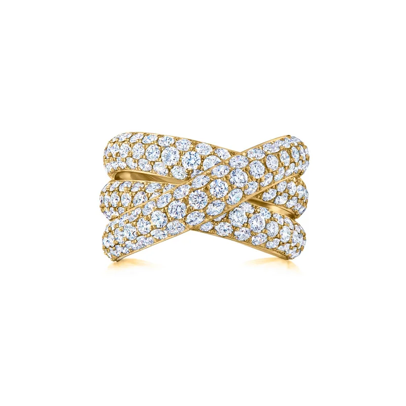 Radiant star engagement rings-Three-Row Crossover Ring with Pavé Diamonds