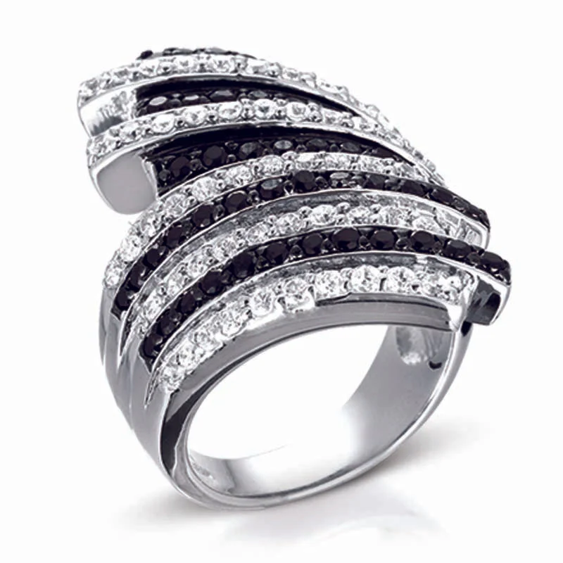 Heart diamond engagement rings-STERLING SILVER RING WITH BLACK AND CLEAR CZ STONES