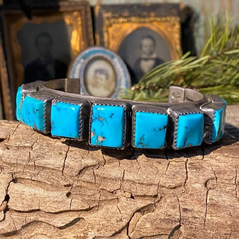 Tiny wing bangles-Signed Navajo Rectangular Turquoise Row Bracelet Sterling