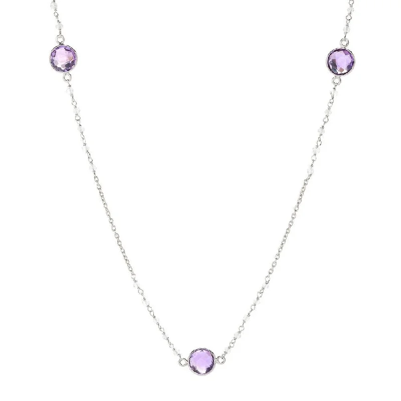 Retro deco necklaces-Sterling Silver 36" 10mm African Amethyst & Rainbow Moonstone Station Necklace