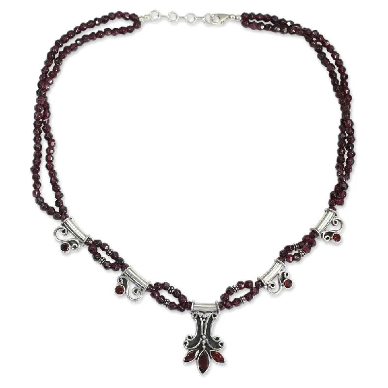 Tribal tassel necklaces-Handmade Sterling Silver 'Kerala Carnation' Garnet Necklace (India) - Red