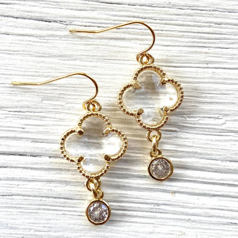 Cotton cord earrings-Crystal clover quatrefoil earrings designer 