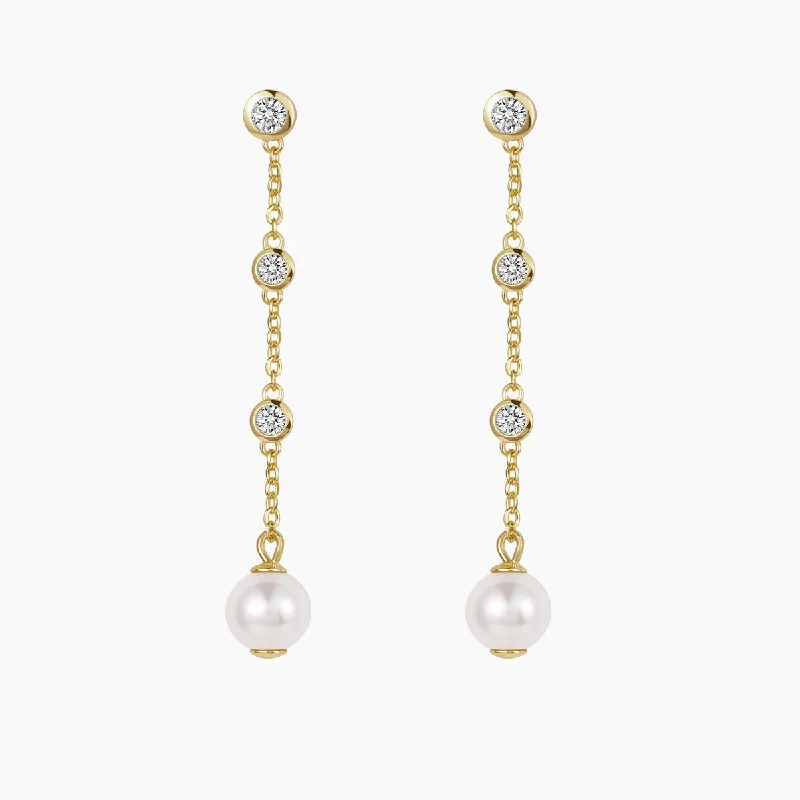 Coiled cord earrings-14K Gold Plated Pearl Chain Dangle Earrings