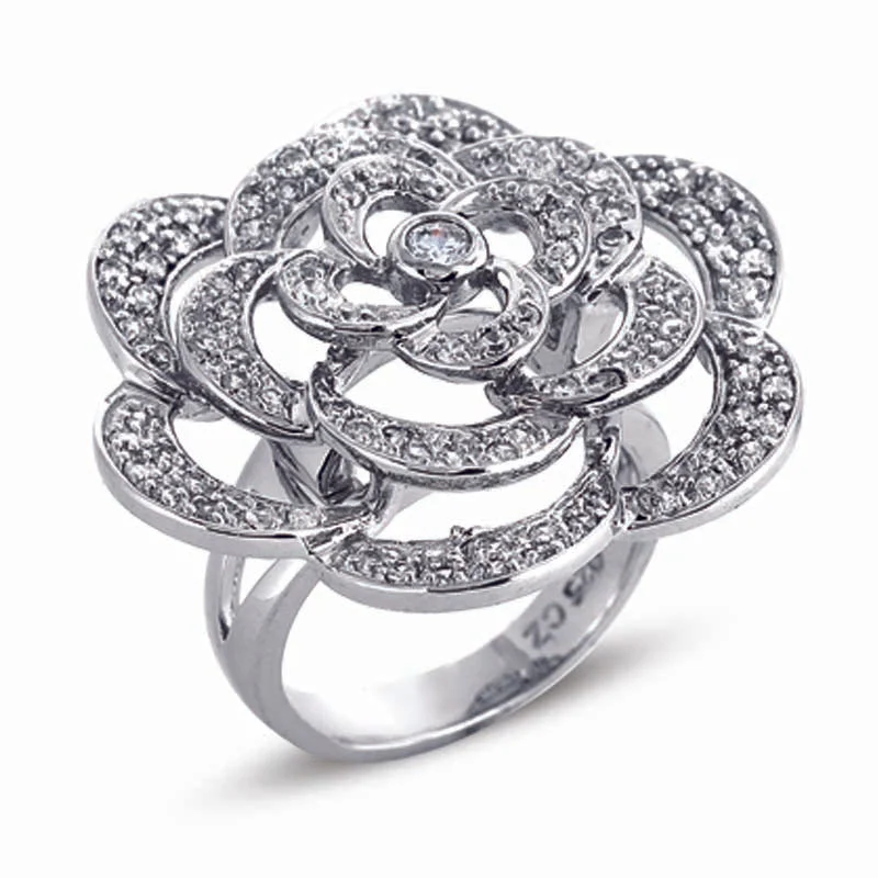 Twisted shank engagement rings-STERLING SILVER FLOWER RING WITH CZ STONES