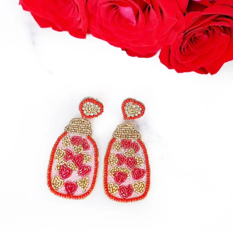 Bright stud earrings-Bottle of Love Beaded Heart Earrings