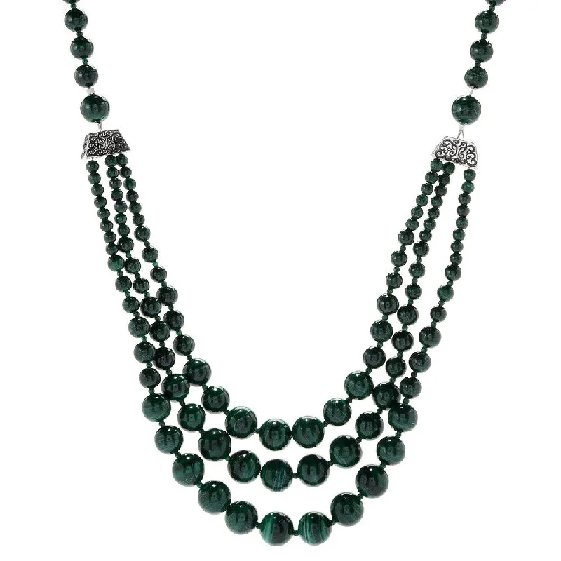 High gloss necklaces-Sterling Silver 29" Malachite Beaded 3-Strand Necklace