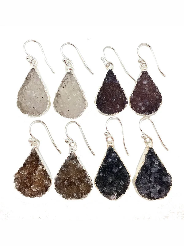 Aged bronze earrings-Double Druzy Silver Teardrop Earrings