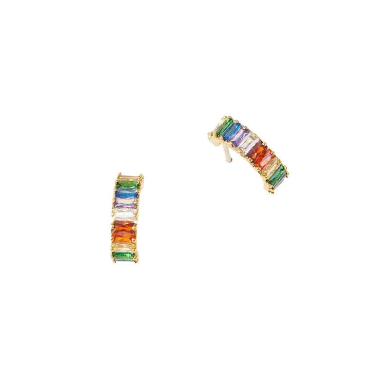 Two-tone earrings-Rainbow Baguette Rhinestone Gold Hoop Earrings