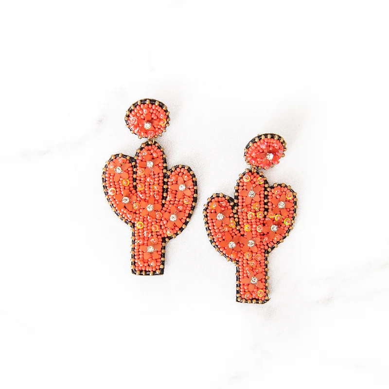 Bright stud earrings-Beaded Coral Cactus Earrings