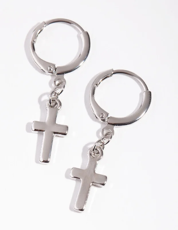 Flat badge earrings-Silver Thick Cross Huggie Earrings