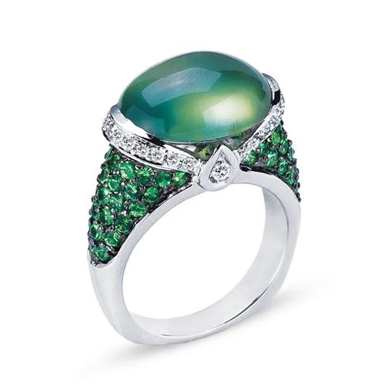 Dainty stack engagement rings-18K White Gold Ring With Diamonds And Tsavorite