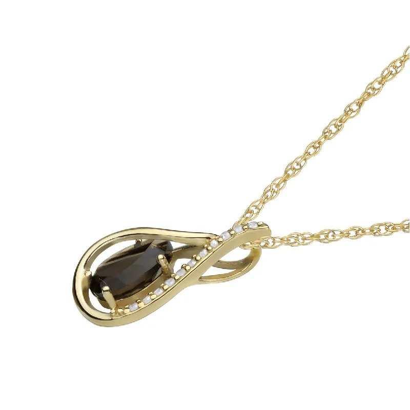 Ten-strand necklaces-Viducci 10k Yellow Gold Genuine Pear-shape Smoky Quartz and Diamond Halo Drop Pendant Necklace