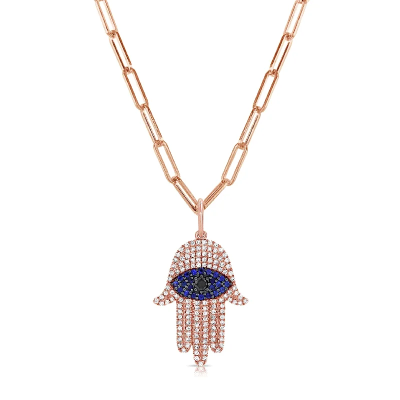 Chunky gem necklaces-Joelle Diamond Hamsa Necklace Hand of God 14K Rose Gold on 18-inch Paperclip Chain