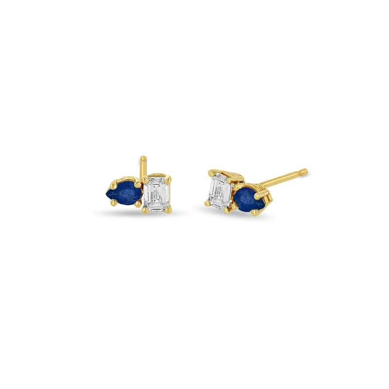 Swirl shape earrings-14k Pear Blue Sapphire & Emerald Cut Diamond Studs