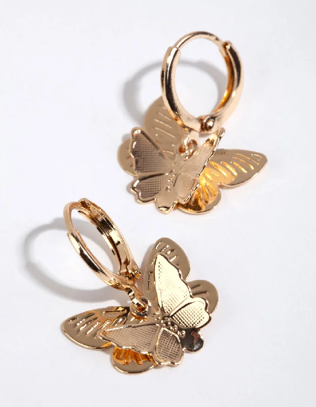 Bamboo style earrings-Gold Double Butterfly Stamp Huggie Earrings