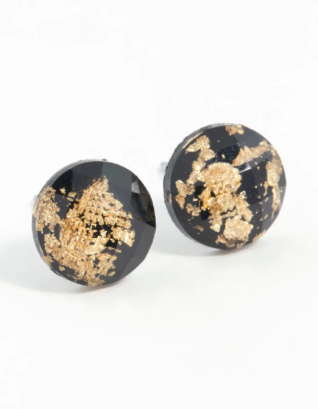 Light clay earrings-Black Gold Speck Circle Stud Earrings