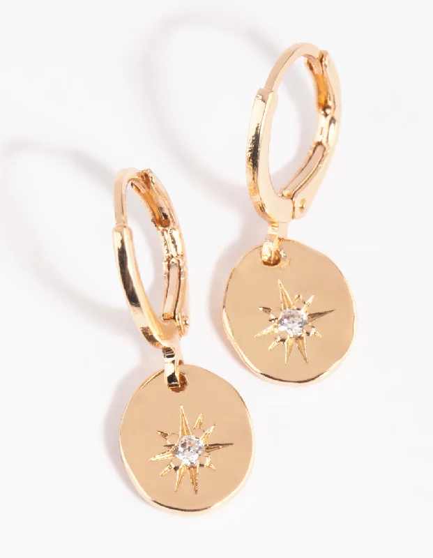 Wide statement earrings-Gold Star Charm Huggie Hoop Earrings