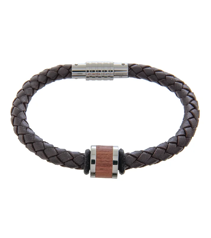 Sleek design bangles-Mens Bracelet 21cm Brown Leather with Long Bubinga Link