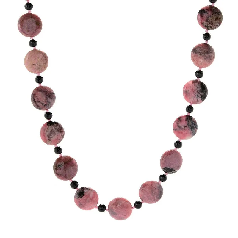 Lily flower necklaces-28" 18mm Coin Shaped Rhodonite & Onyx Beaded Endless Necklace