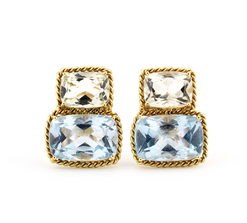 Crystal-twisted earrings-18kt Yellow Gold Green Amethyst & Blue Topaz Cushion Earrings with Twisted Rope Border