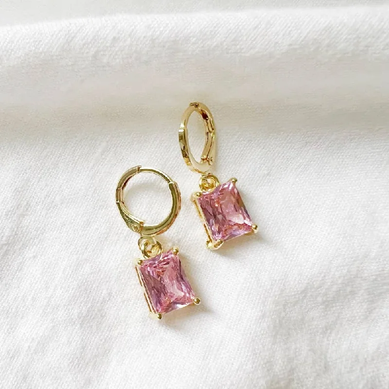 Bamboo style earrings-Arden Pink CZ Baguette Huggie Hoops Gold Filled Earrings