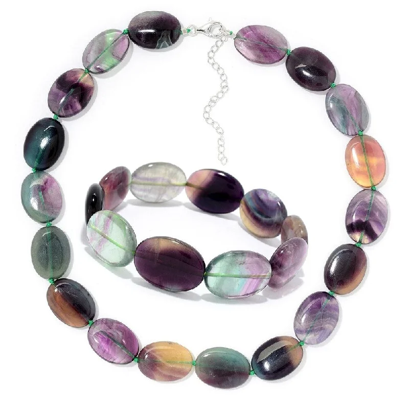 Polished bead necklaces-Sterling Silver 18" Multi Fluorite Beaded Necklace & Bracelet Set