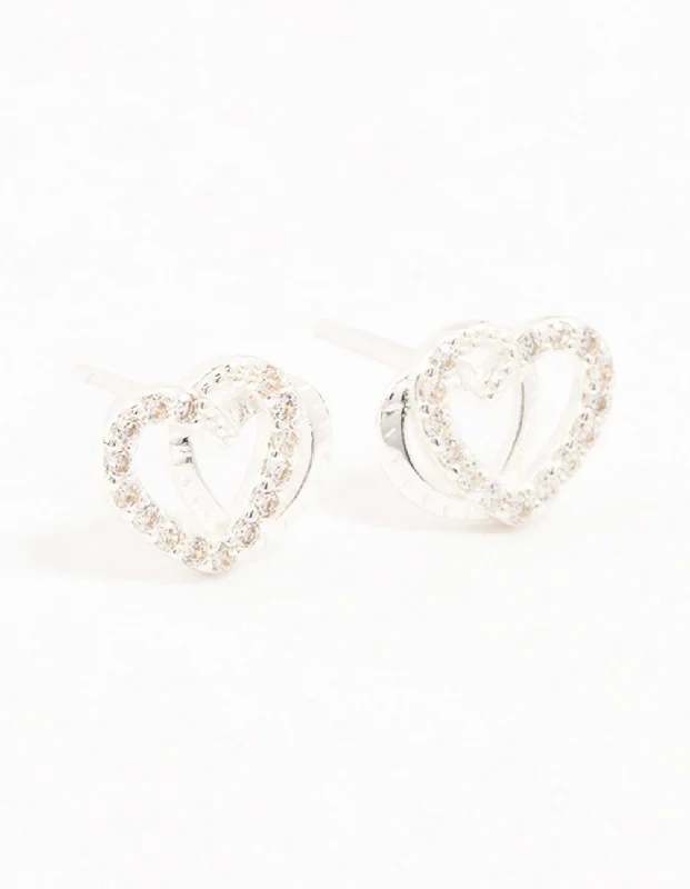 Tiny wing earrings-Sterling Silver Cubic Zirconia Heart Link Stud Earrings