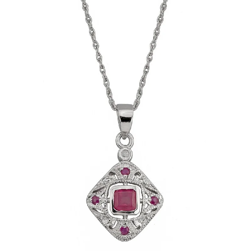 Multi-link necklaces-Viducci 10k White Gold Vintage Style Ruby and Diamond Necklace