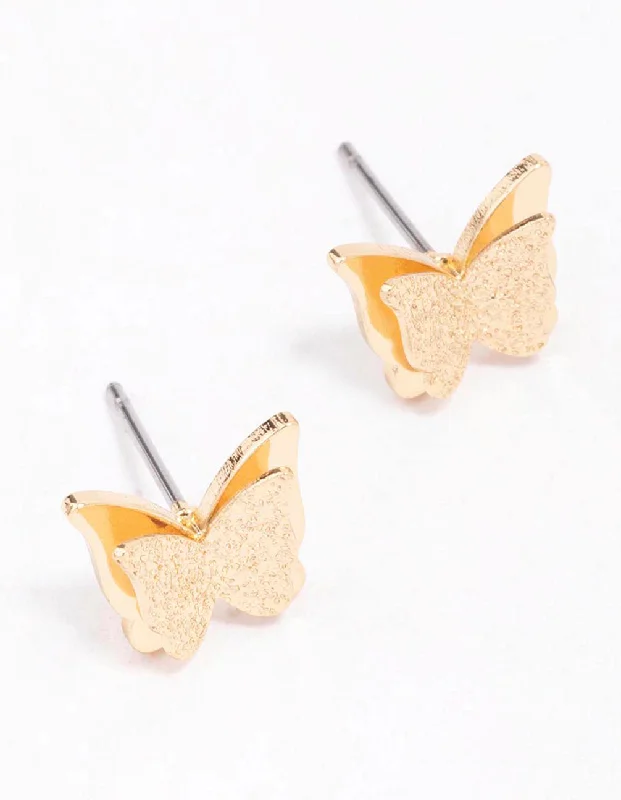 Silk cord earrings-Gold Sandblast Butterfly Stud Earrings