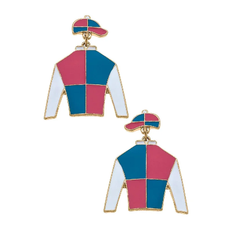 Alloy metal earrings-Sir Barton Jockey Silk Enamel Drop Earrings in Fuchsia & Blu