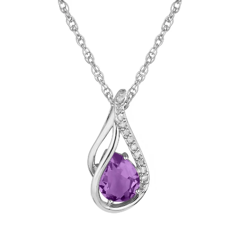 Tide shape necklaces-Viducci 10k White Gold Genuine Pear-shape Amethyst and Diamond Halo Drop Pendant Necklace