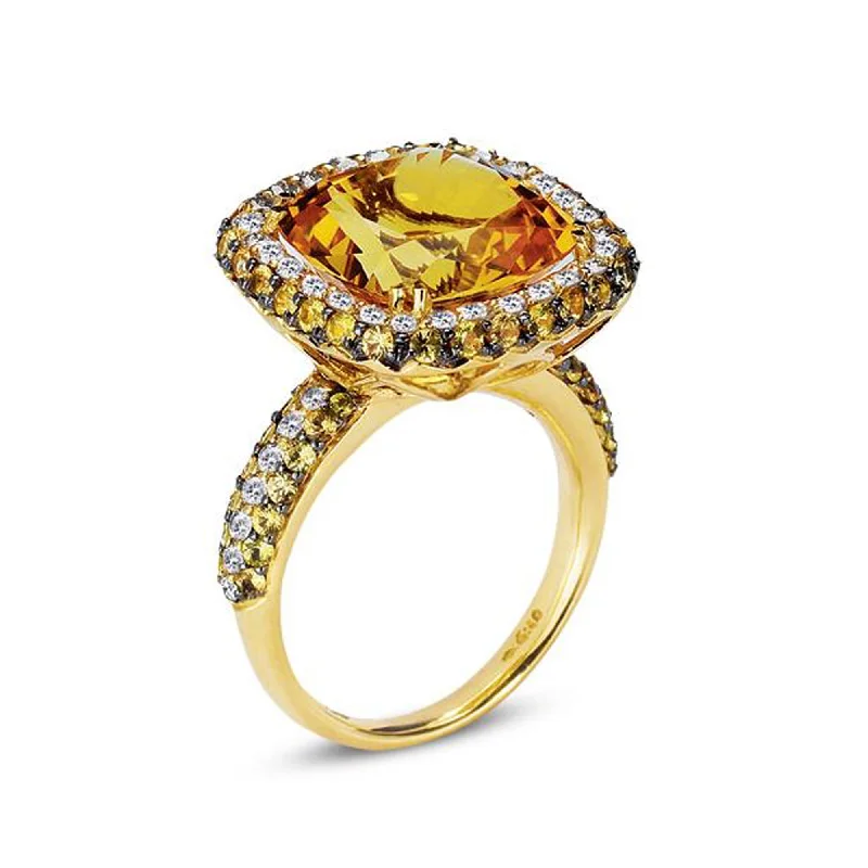 Spiral gem engagement rings-18K YELLOW GOLD RING WITH DIAMONDS SAPPHIRES AND CITRINE