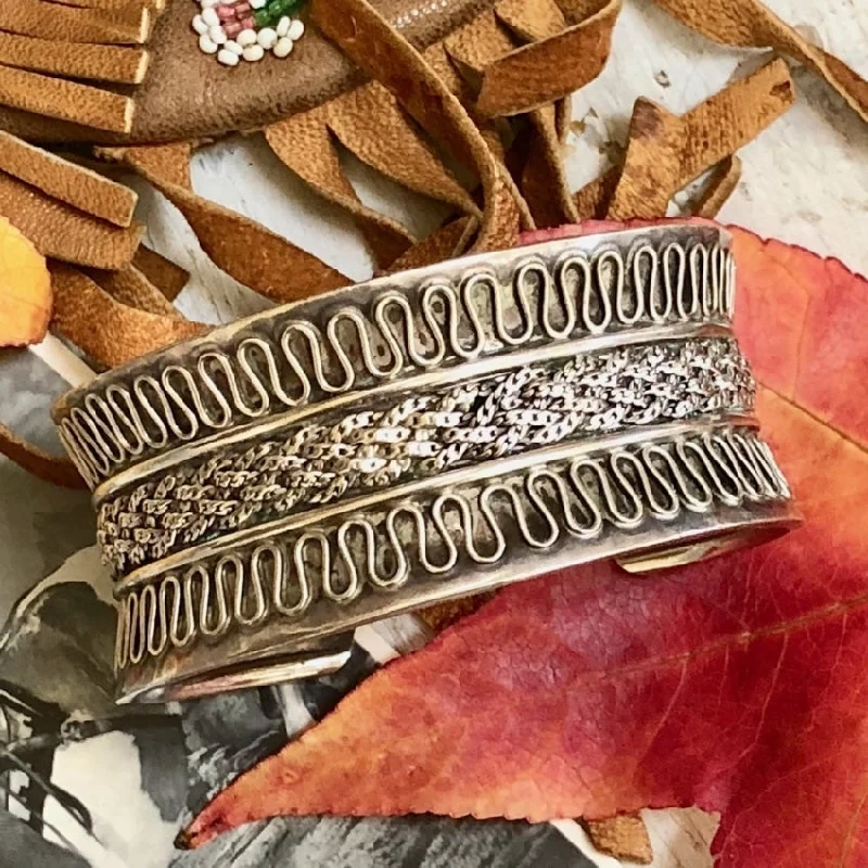 Chunky stone bangles-Sterling Silver Wide cuff Bracelet with Woven Appliqué