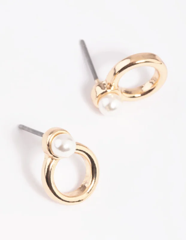 Light drop earrings-Gold Pearl Thick Circle Stud Earrings