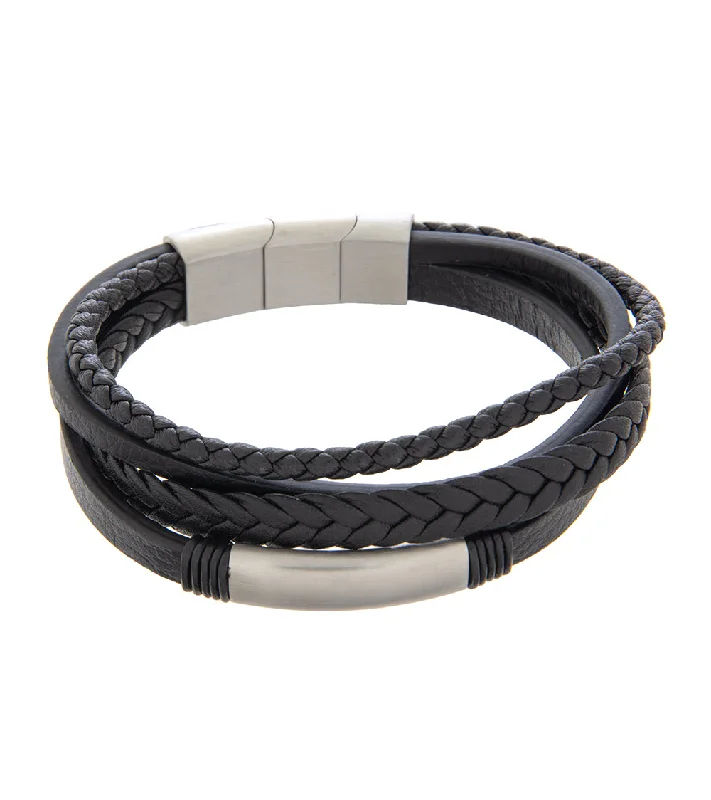 Subtle accent bangles-Mens Bracelet 19-21cm Black Multi-Leather with Rhodium Steel and extender