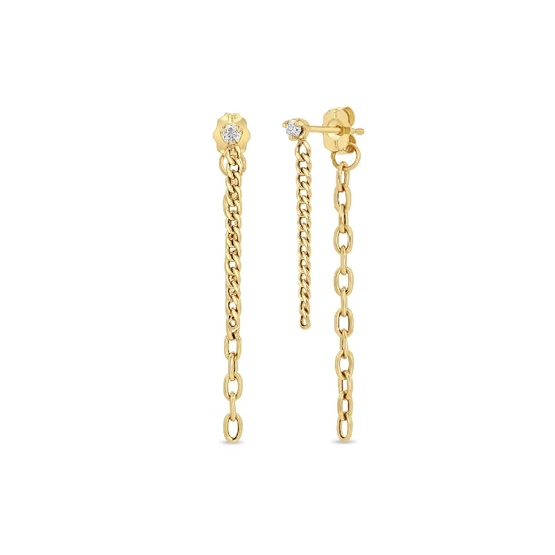 Flat knot earrings-14k Prong Diamond Mixed Chain Double Drop Earrings