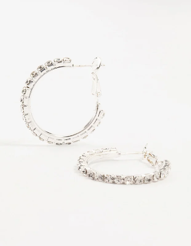 Cedar wood earrings-Silver Cup Chain Diamante Hoop Earrings